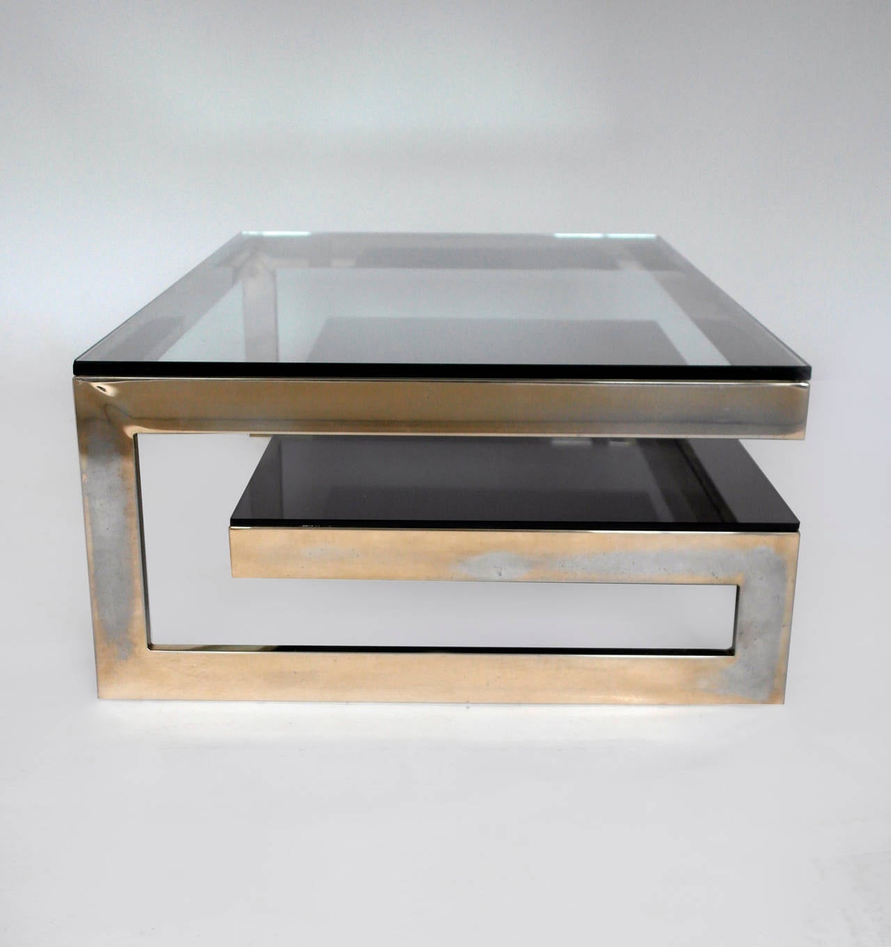 Cantilevered Gold & Smokey Glass G Coffee Table - Mid Century In Good Condition In Oxfordshire, GB