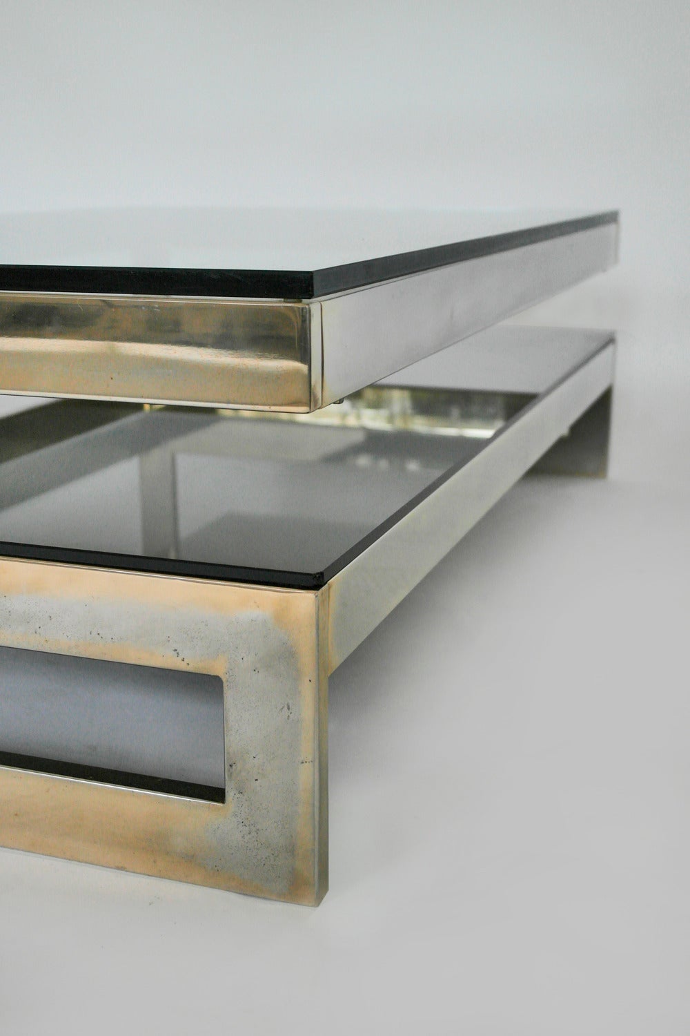 20th Century Cantilevered Gold & Smokey Glass G Coffee Table - Mid Century