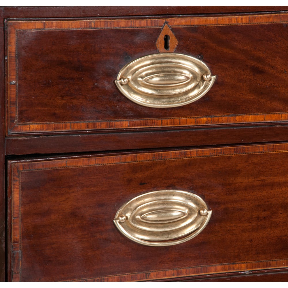 Gorgeous Scottish mahogany Chippendale chest featuring three small drawers over three full graduated drawers on ogee bracket feet, with original antique brass hardware, circa 1800.