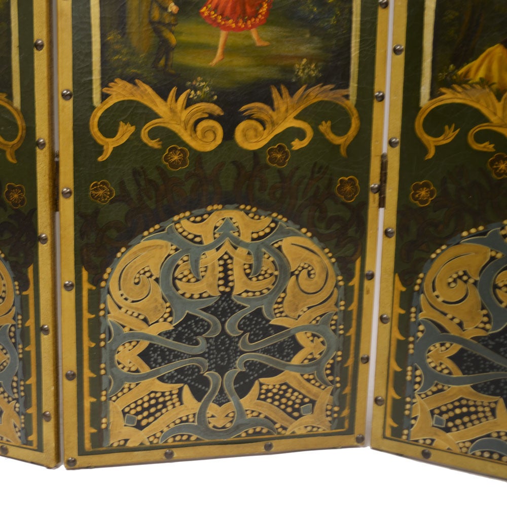 Multicolored four-panel French screen depicting antique garden scenes resembling Trompe l'oeil paintings, which originated in France and is a Classic type of painting used on many of their mirrors.