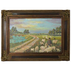 "Sheep Grazing at the River" Painting