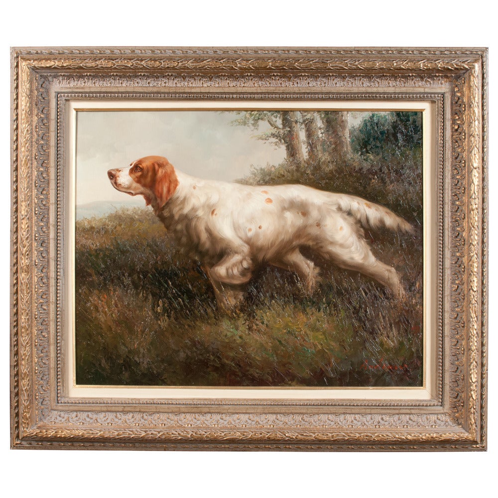 Late 20th Century Pair of Oil on Canvas Hunting Dogs For Sale