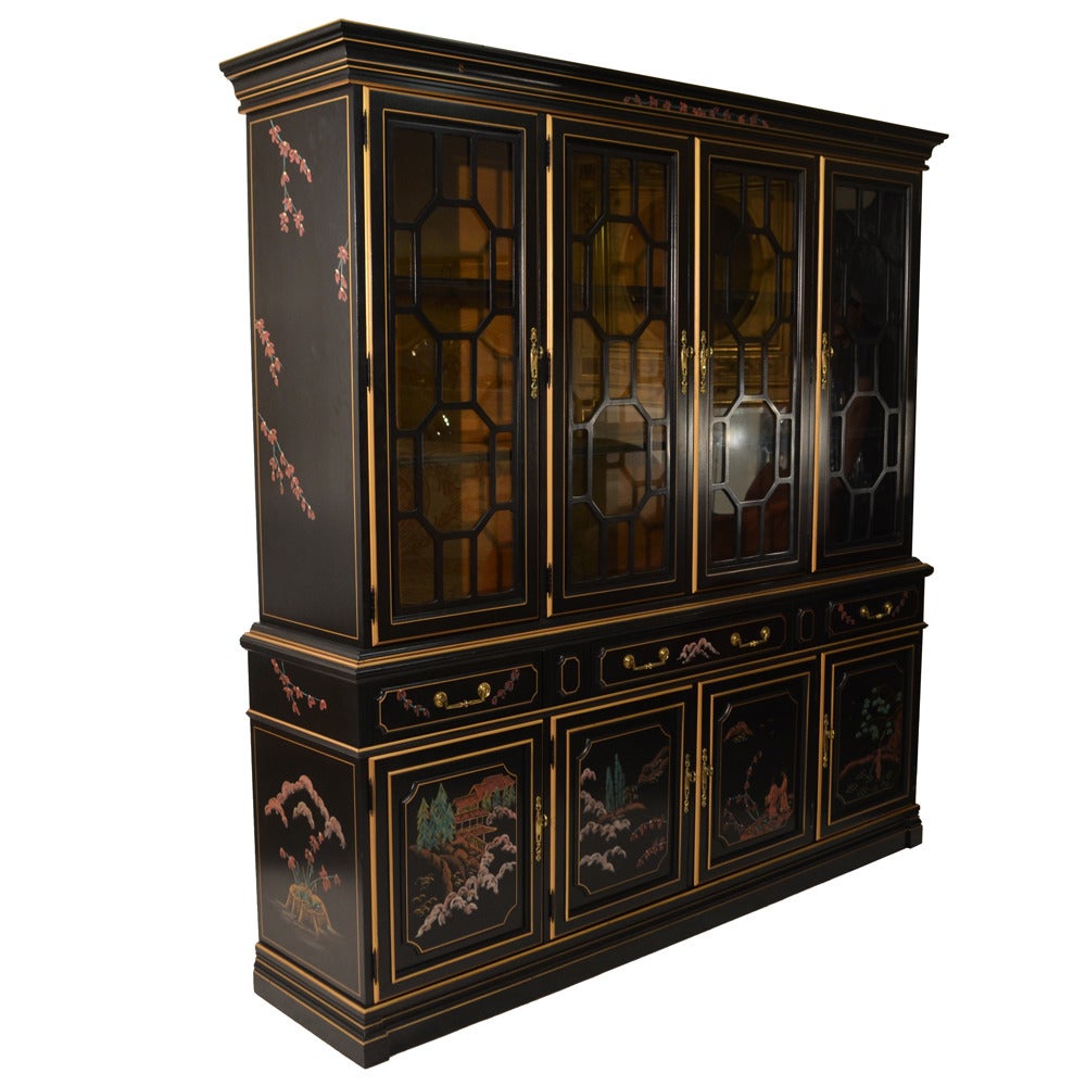 Late 20th Century Chinoiserie Black Lacquered Breakfront Cabinet