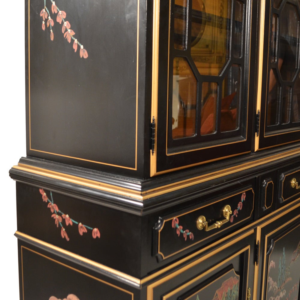 Chinoiserie Black Lacquered Breakfront Cabinet 5