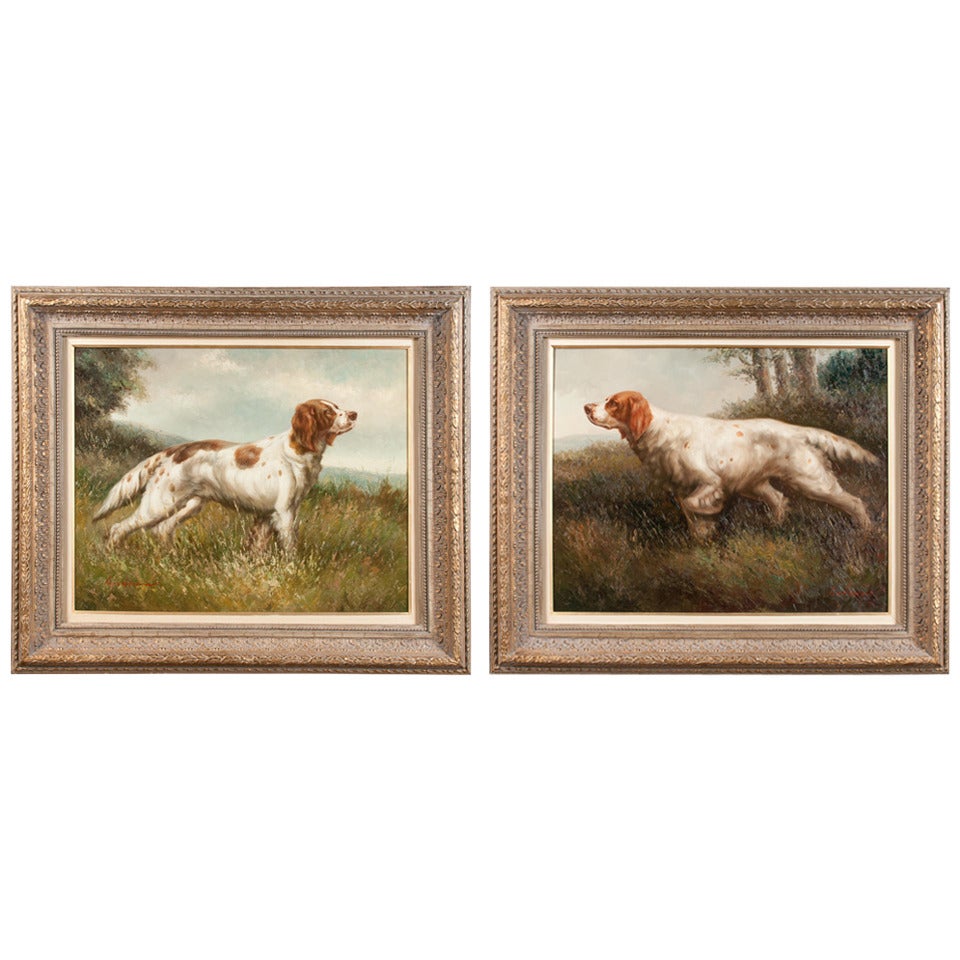 Pair of Oil on Canvas Hunting Dogs For Sale