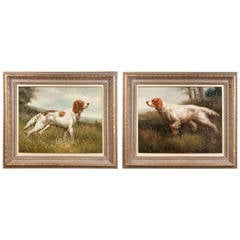 Pair of Oil on Canvas Hunting Dogs