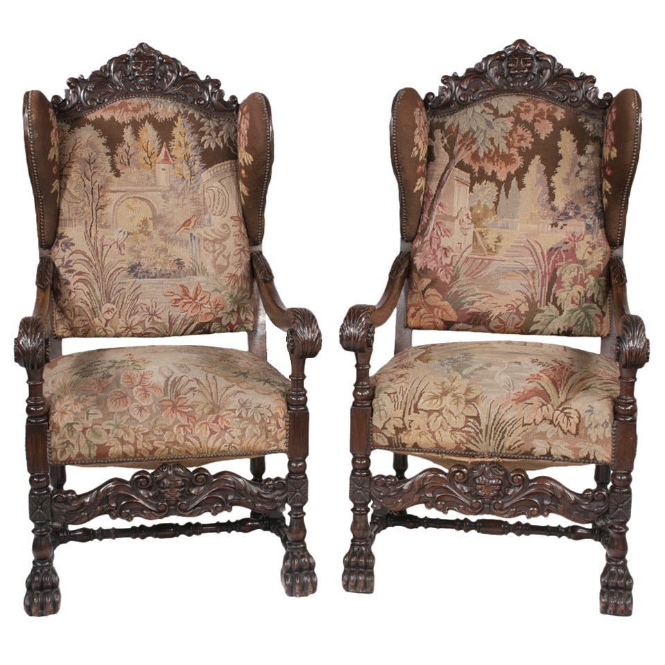 Italian Tapestry Wing Chairs For Sale