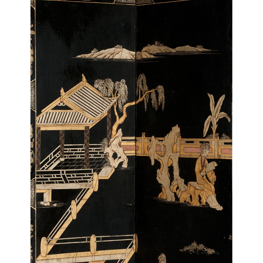 Six-panel Chinese lacquered screen with architectural and figural decoration, each panel 16