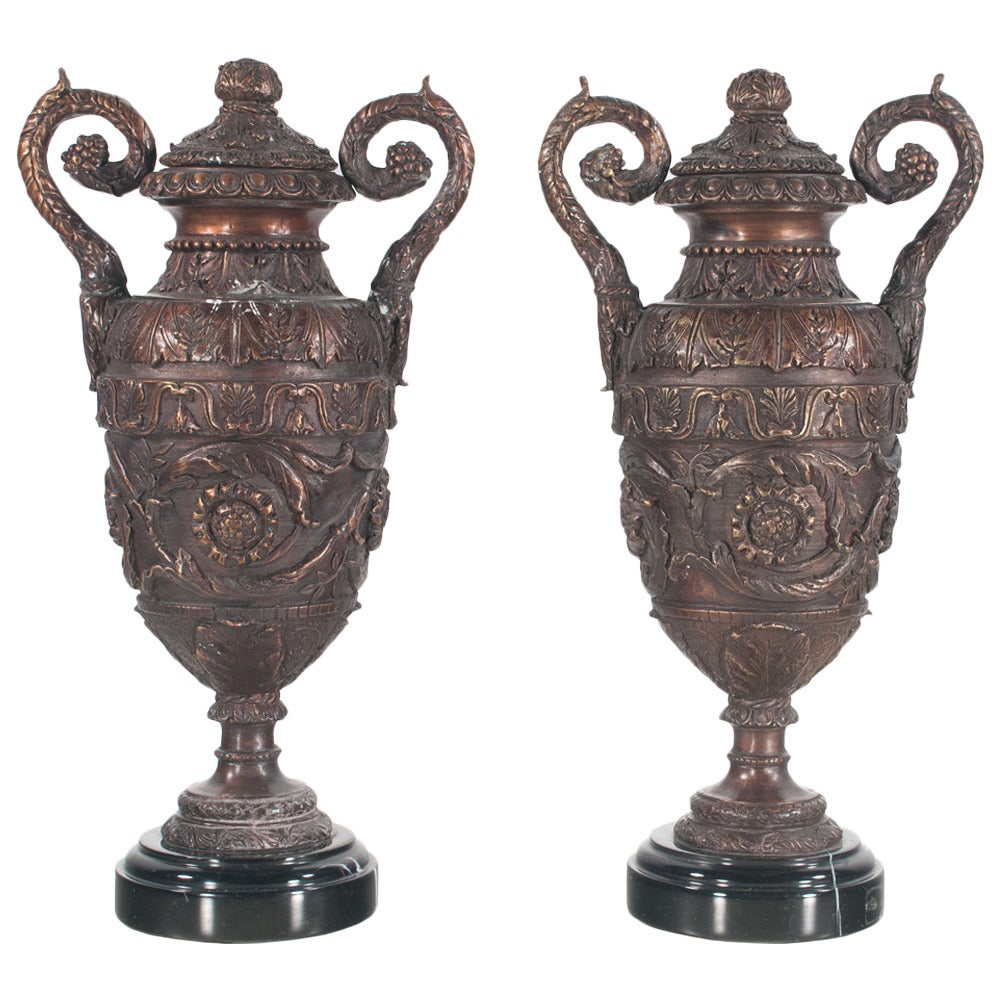 Pair of French Bronze Urns For Sale