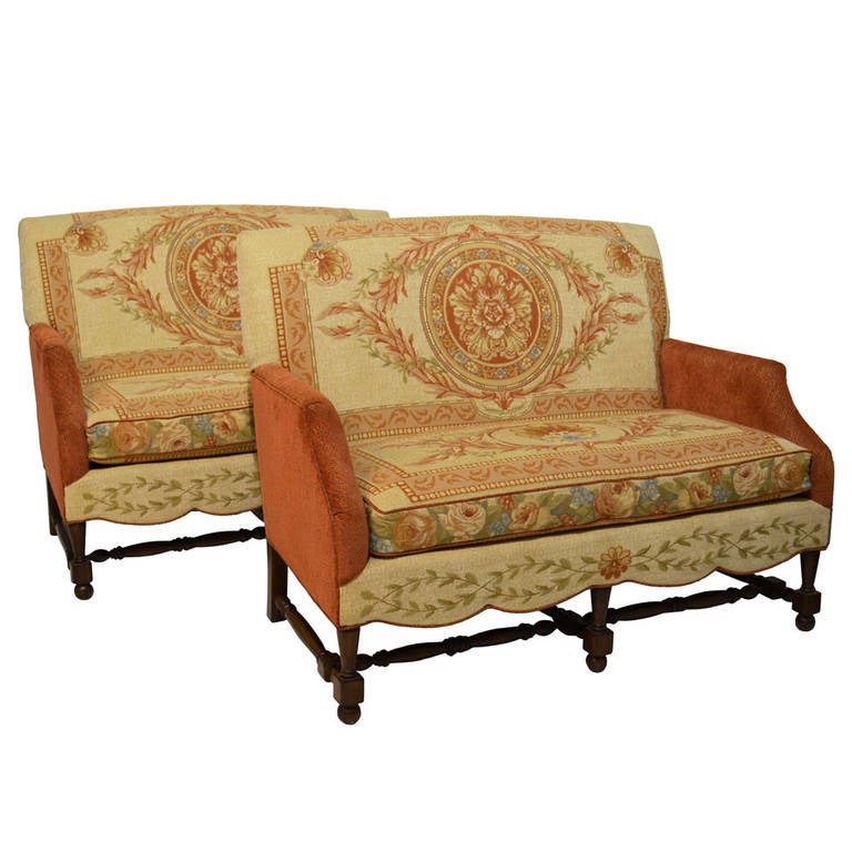 English Upholstered Settees Pair 2