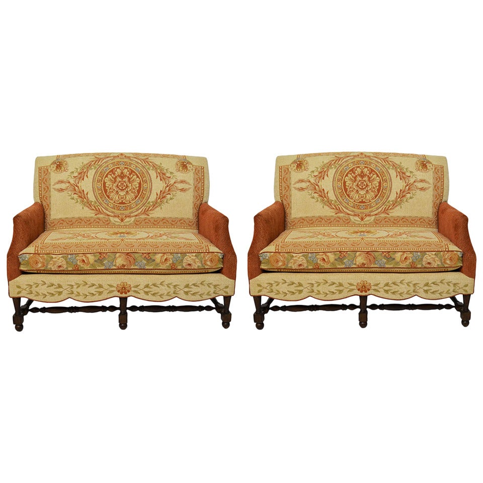 English Upholstered Settees Pair
