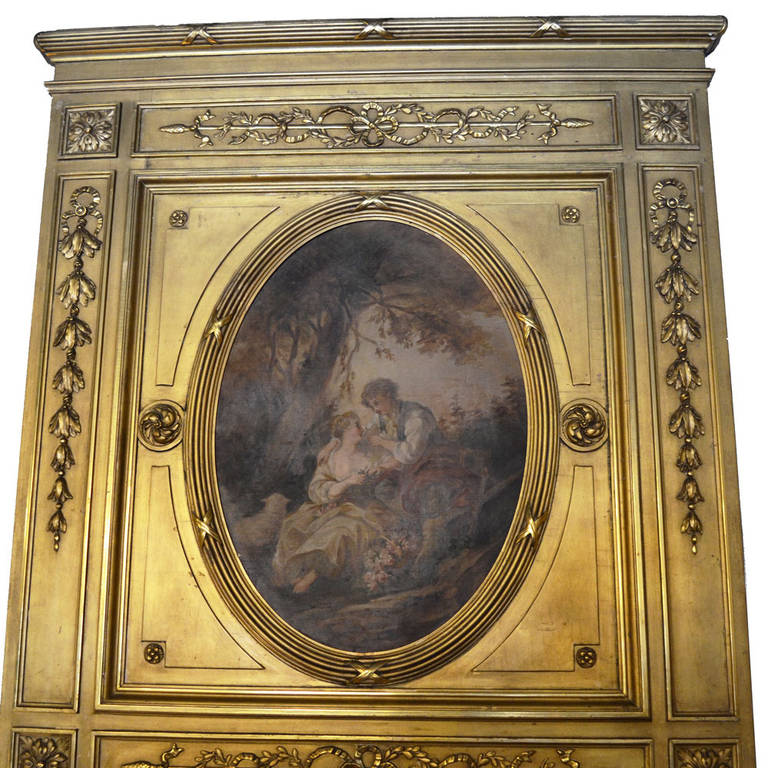 19th-century Louis XVI carved trumeau mirror with a trompe l'oeil oil painting of a garden scene with a gentleman and lady above the mirror. Intricate onlay detail enhances the beauty of this antique, giving it a majestic feeling. In pristine