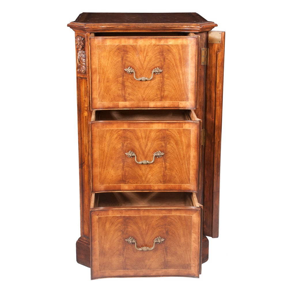 Sheraton walnut filing cabinet fitted for hanging files with canted sides and leaf carved decoration concealing a hidden lock on bracket feet, perfect for the office.
