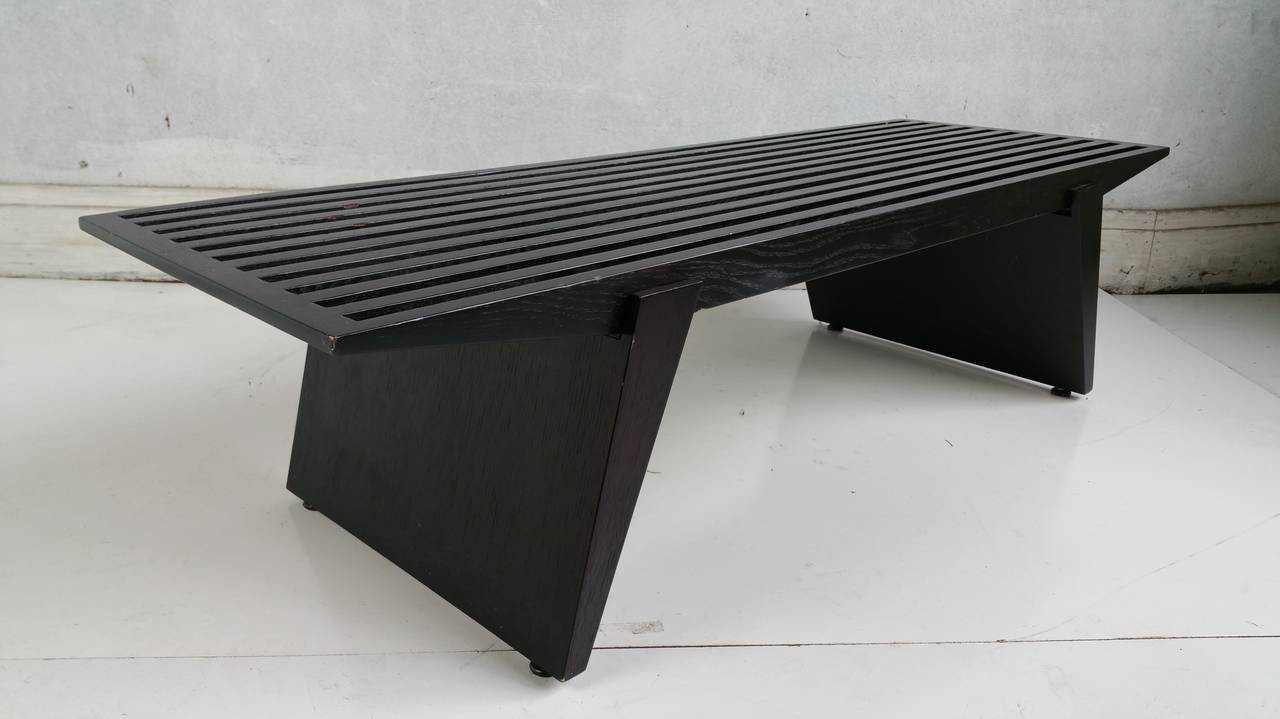 Classic Modernist Slat Bench,,Coffee Table,, Designed by Cristian Wicha,,BDI,,Original black lacquer finish, Asian inspired architectural base..