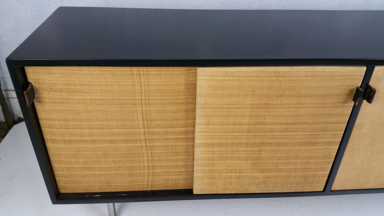 Florence Knoll Black Lacquer and Grasscloth Credenza, , , Knoll Manufacturing In Good Condition In Buffalo, NY