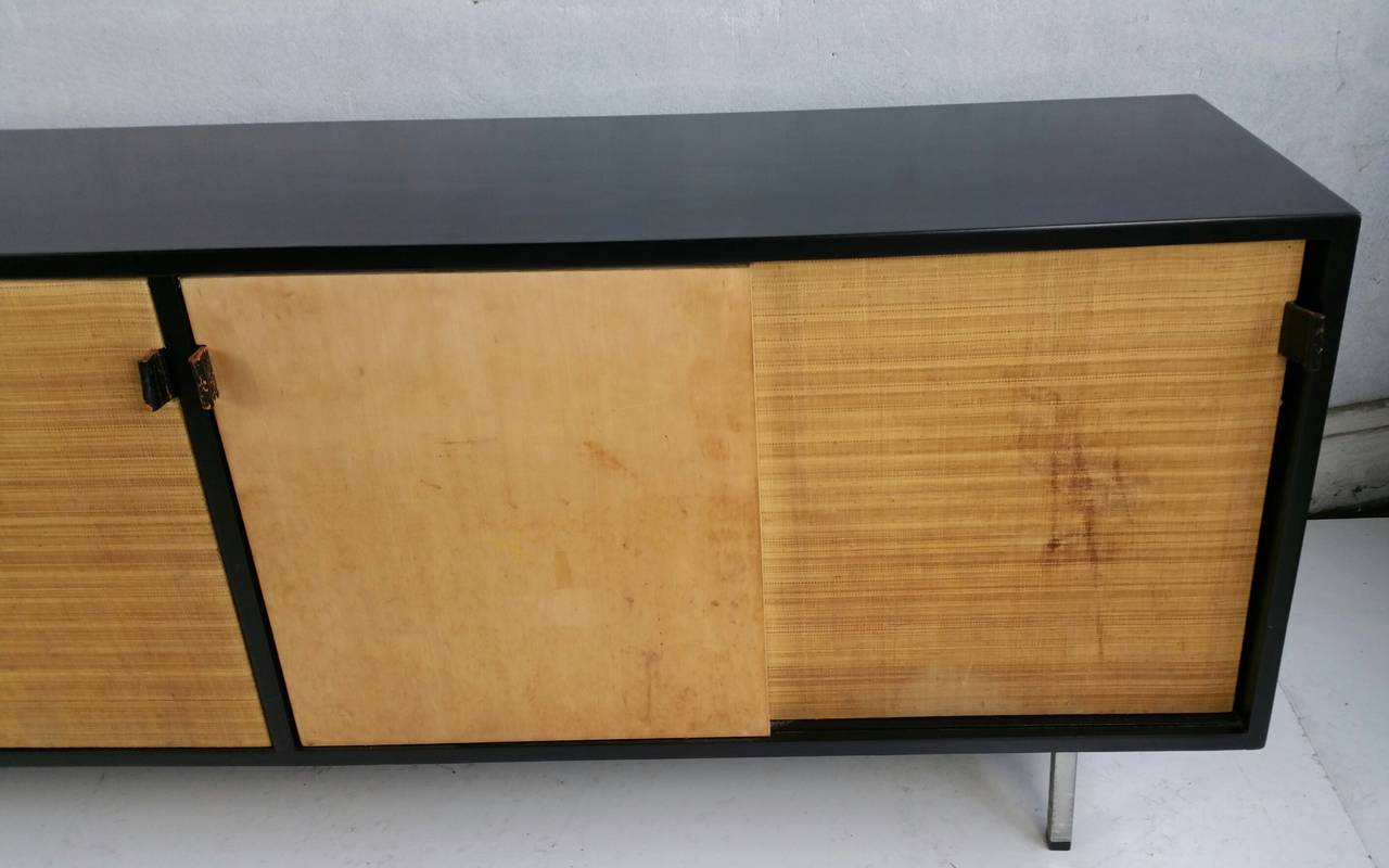 Florence Knoll Black Lacquer and Grasscloth Credenza, , , Knoll Manufacturing 1