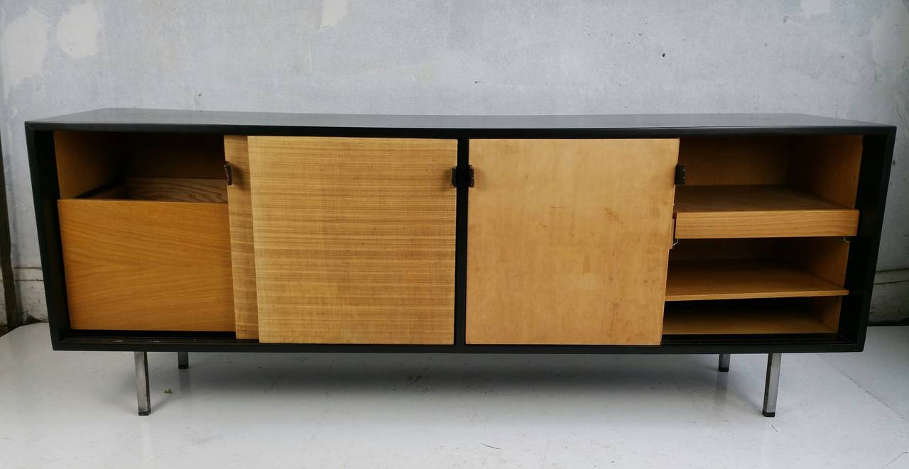Mid-Century Modern Florence Knoll Black Lacquer and Grasscloth Credenza, , , Knoll Manufacturing