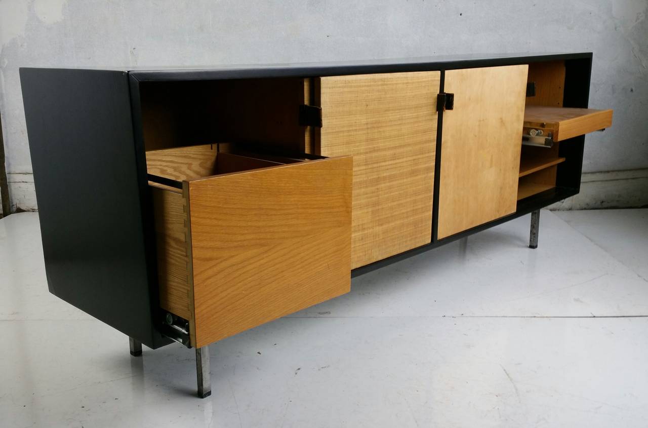 Lacquered Florence Knoll Black Lacquer and Grasscloth Credenza, , , Knoll Manufacturing