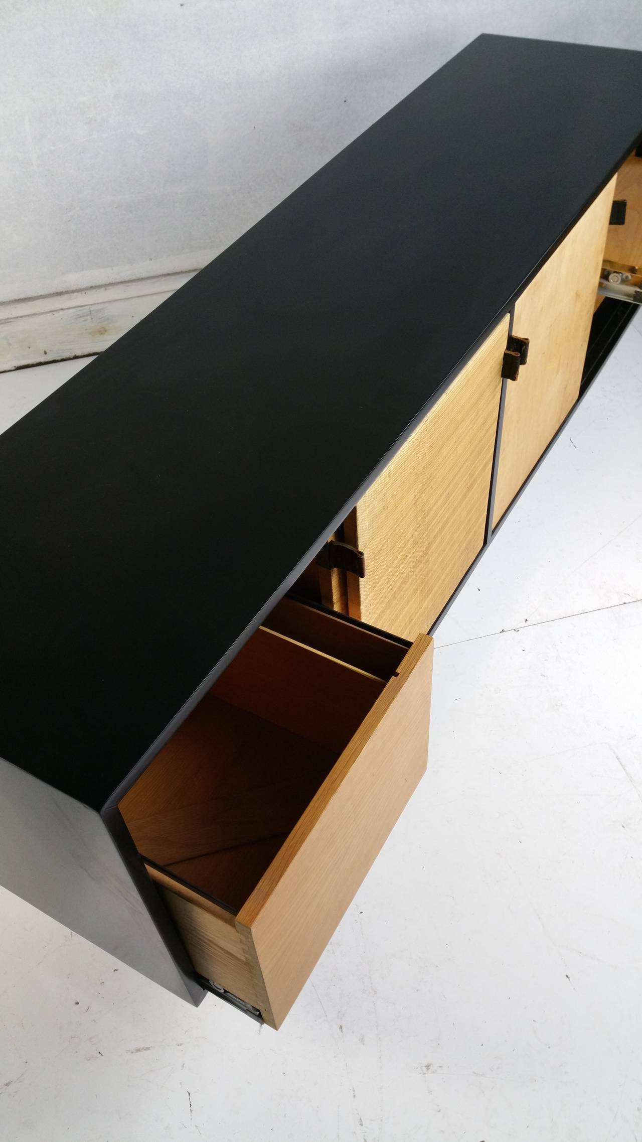 Wood Florence Knoll Black Lacquer and Grasscloth Credenza, , , Knoll Manufacturing