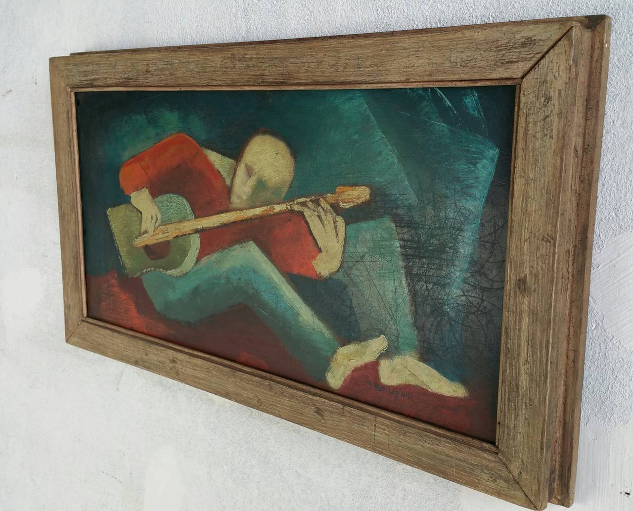 Great little painting..'Guitar Player' WPA inspired,, Executed by James Koenig, c. 1949. Retains original hand made frame,, Buffalo New York artist,, Gallery numbers on back showing it was exhibited at  Albright Knox Art Gallery.