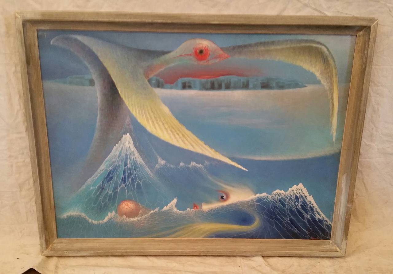 Amazing Surrealist oil on canvas painting, executed by Frederick Haucke. Interesting depiction, the world beyond...bird face, cityscape, clouds, science.

Frederick Haucke, born dec.7 .1908, German emigrated to the United States as a child.
