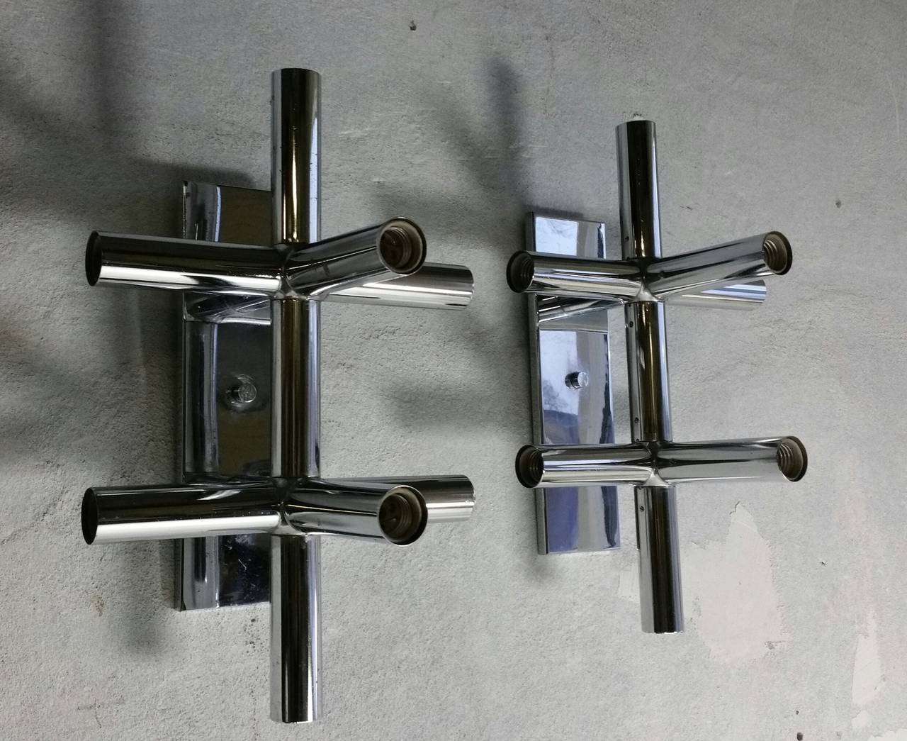 Welded Pair of Lightolier Chrome Tube Sconces, 1970s Space Age, Atomic For Sale
