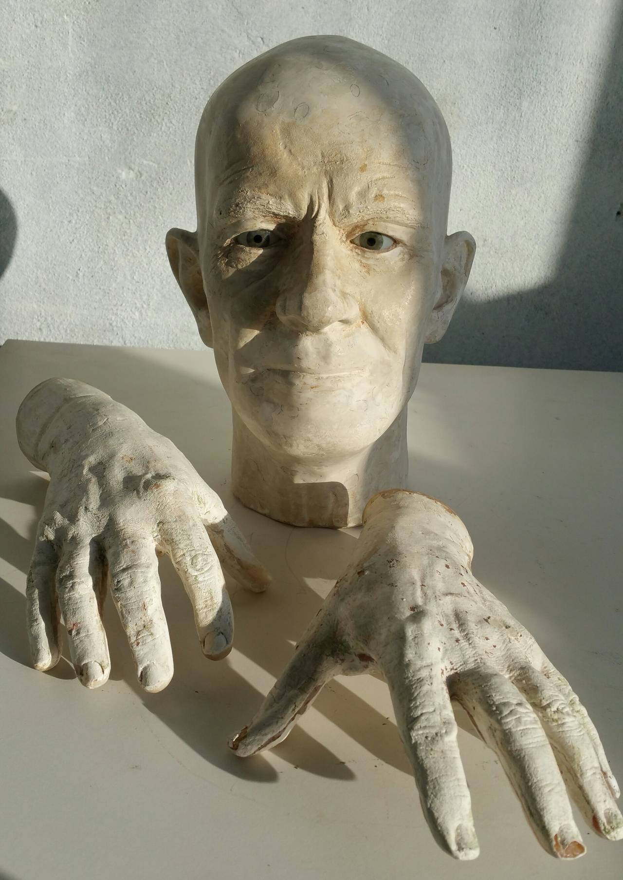 1960s Surrealist sculpture.. Life size Head and Hands,, Very well exicuted,, Molded Fiberglass,,wood,,