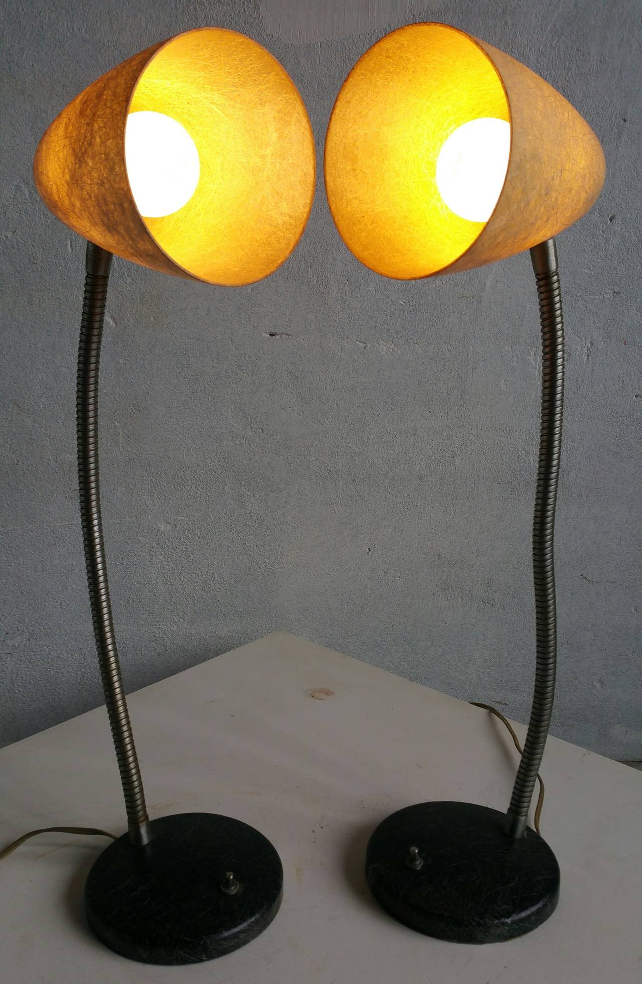 Machine-Made Pair Mid Century Modern Spun Fiberglass Gooseneck Lamps,
