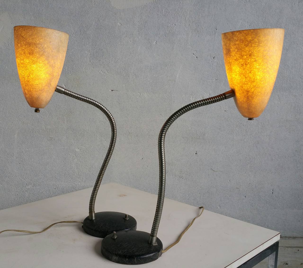 American Pair Mid Century Modern Spun Fiberglass Gooseneck Lamps,