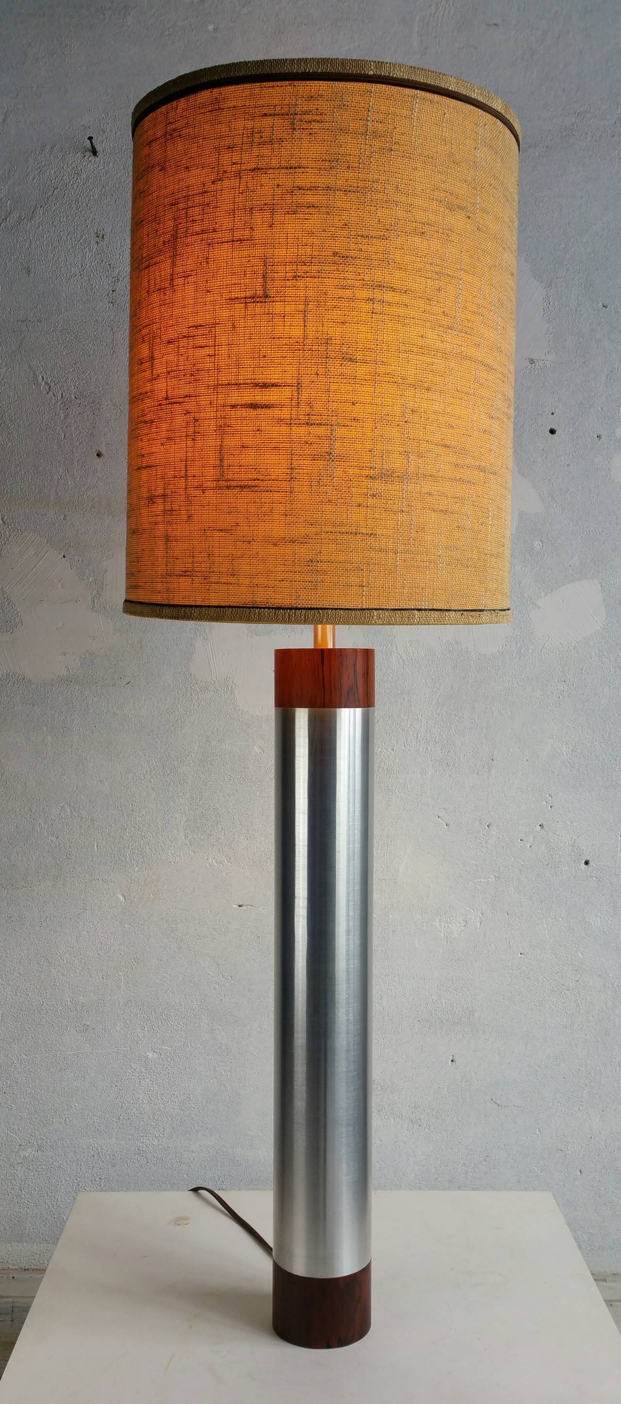 Wonderful Architectural Large Scale Table Lamp..Polished  aluminum and rosewood,, Retains original lamp shade,, Amazing scale and design,, Simple ,,Sleek,, Elegant,