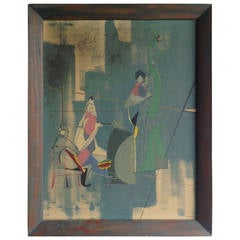 Modernist Cubist Jazz Trio Painting,, oil on board,, signed Efstein