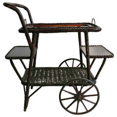 Antique Modernist Wicker Tea Trolly or Bar Cart, Early 1900s