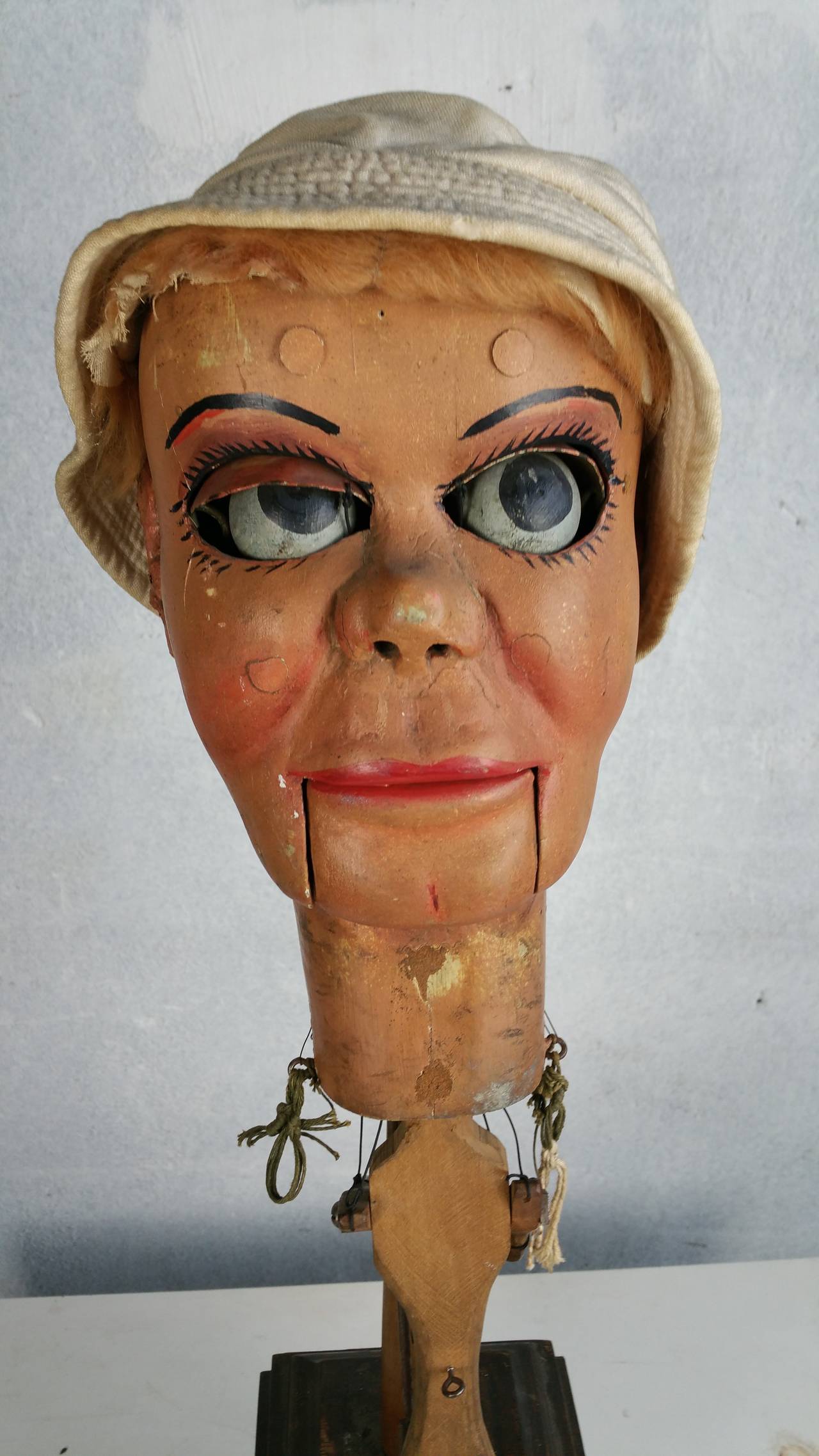 Hand-Crafted Early Ventriloquist Doll Head with Moving Eyes, Eyebrows, and Mouth