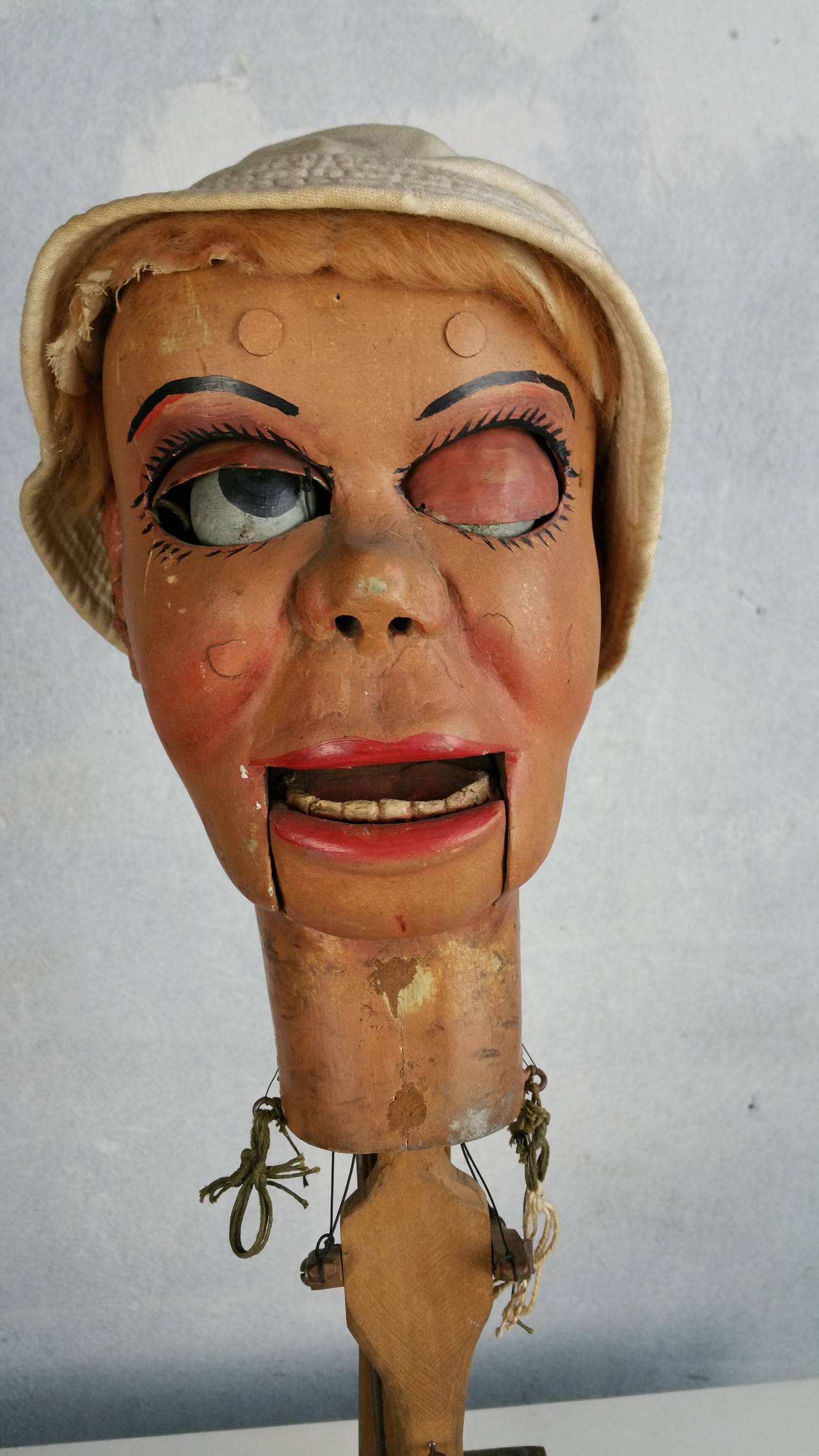 Folk Art Early Ventriloquist Doll Head with Moving Eyes, Eyebrows, and Mouth