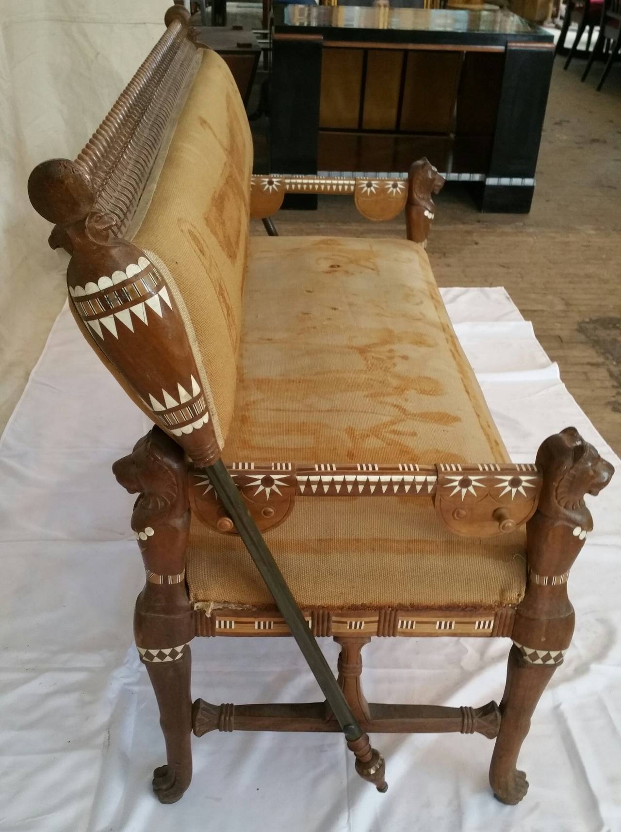 Hand-Carved Rare Egyptian Revival Carved and Inlaid Rosewood Loveseat For Sale