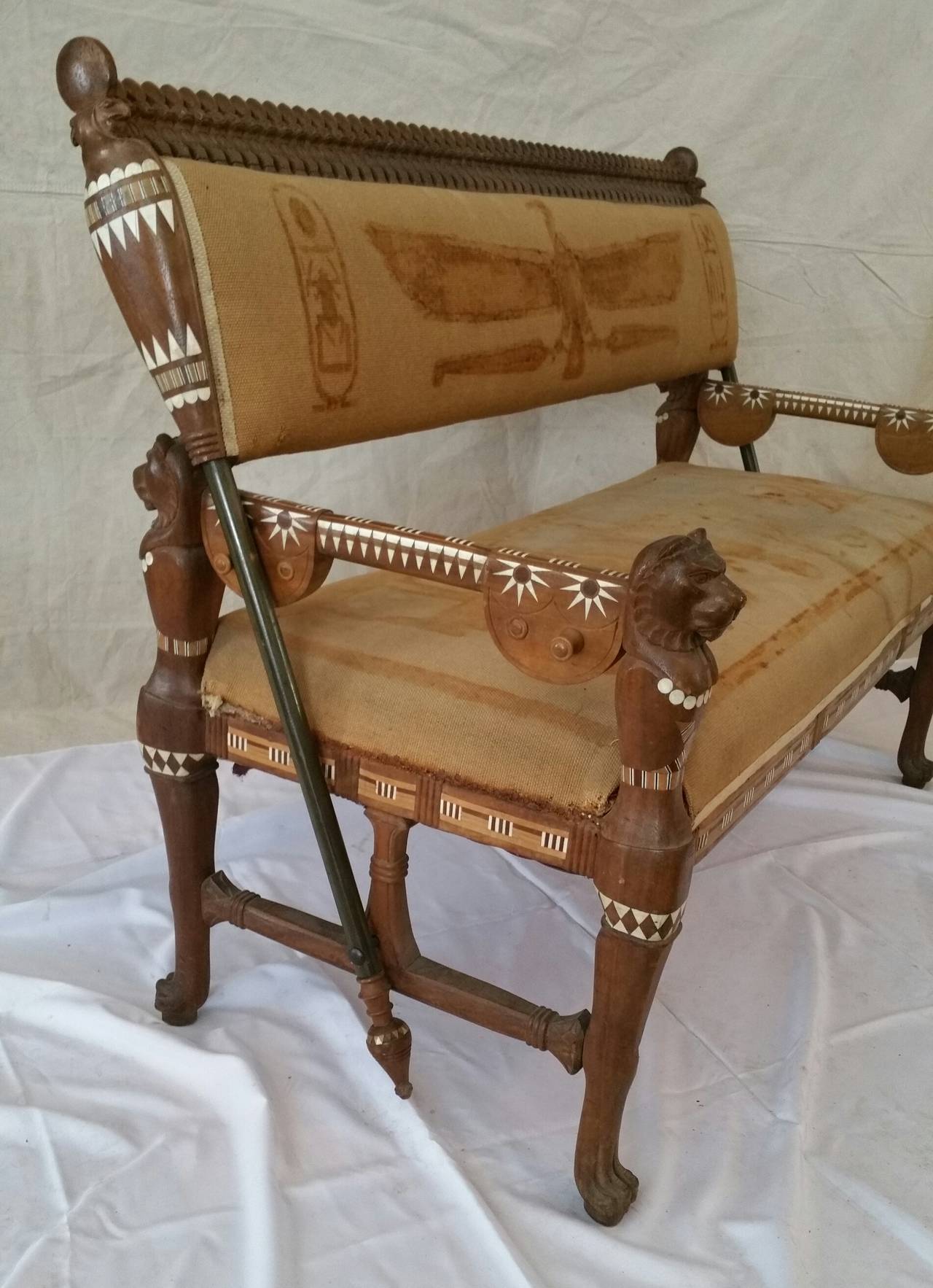 Bone Rare Egyptian Revival Carved and Inlaid Rosewood Loveseat For Sale