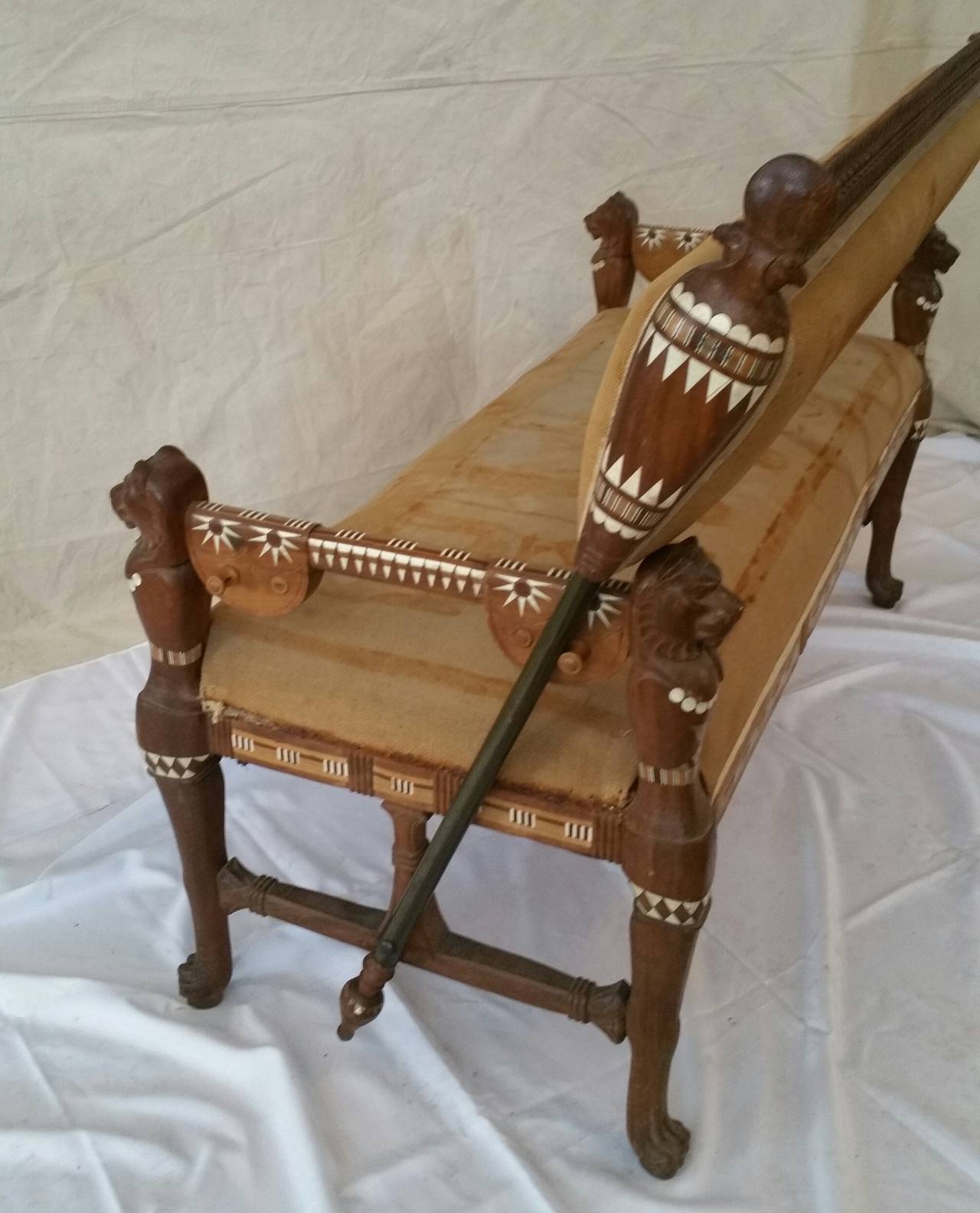 English Rare Egyptian Revival Carved and Inlaid Rosewood Loveseat For Sale