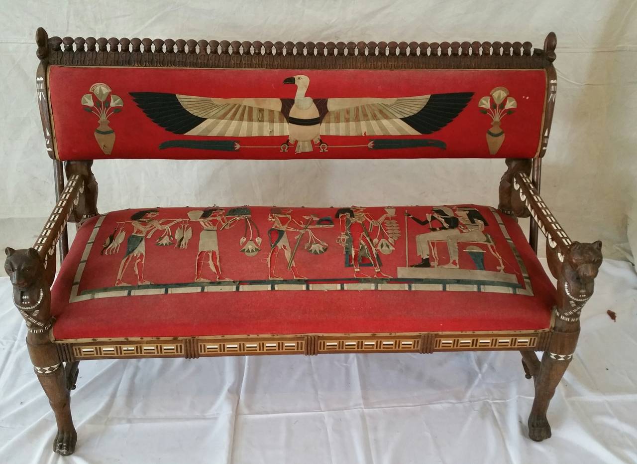 Rare Egyptian Revival Carved and Inlaid Rosewood Loveseat For Sale 4