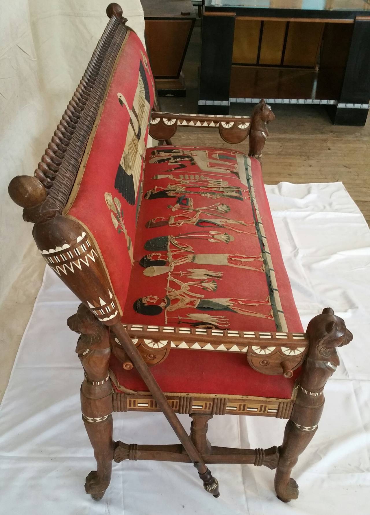 Rare Egyptian Revival Carved and Inlaid Rosewood Loveseat For Sale 2