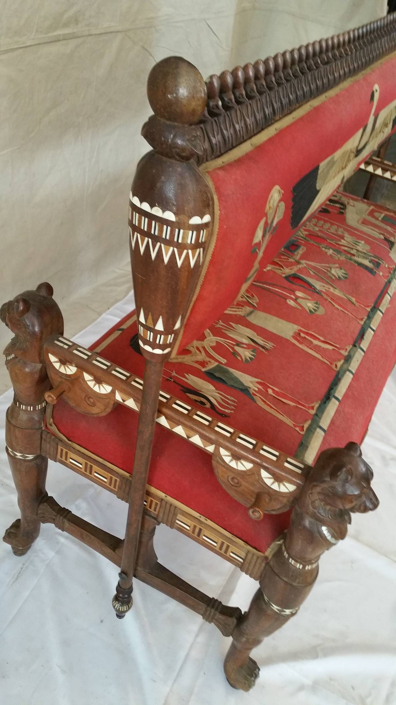 Late 19th Century Rare Egyptian Revival Carved and Inlaid Rosewood Loveseat For Sale