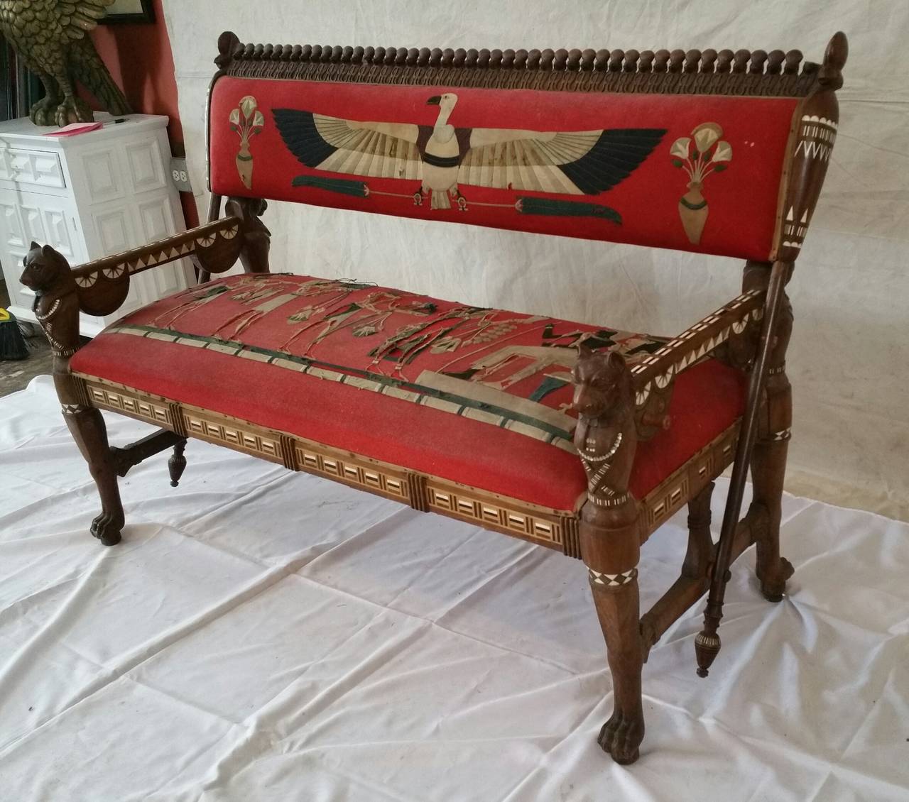 Rare Egyptian Revival Carved and Inlaid Rosewood Loveseat In Good Condition For Sale In Buffalo, NY