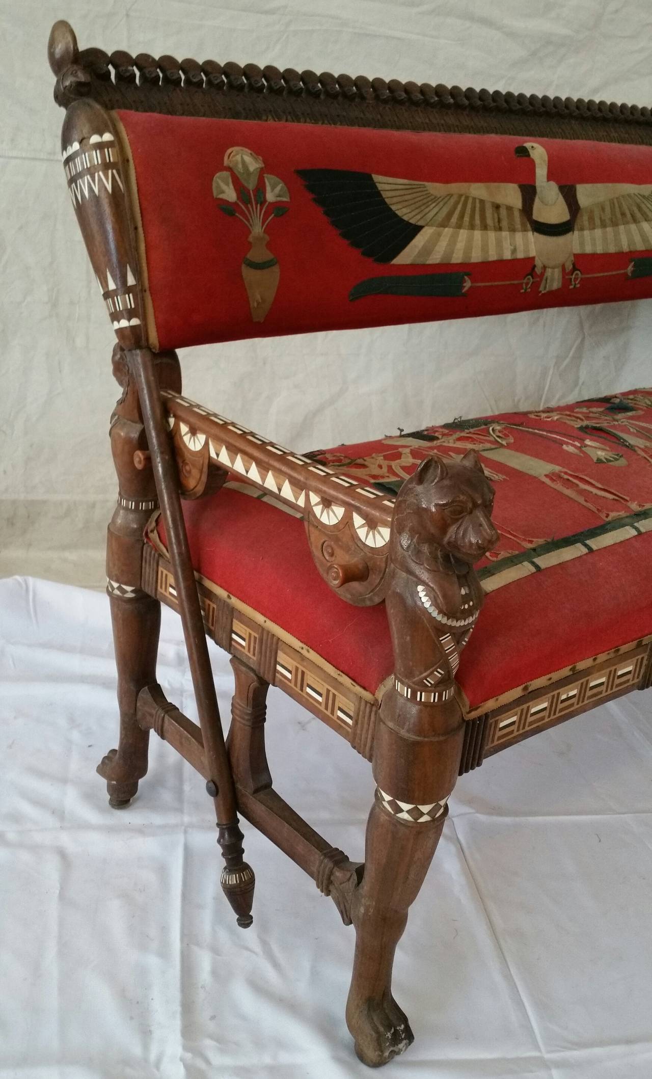English Rare Egyptian Revival Carved and Inlaid Rosewood Loveseat For Sale