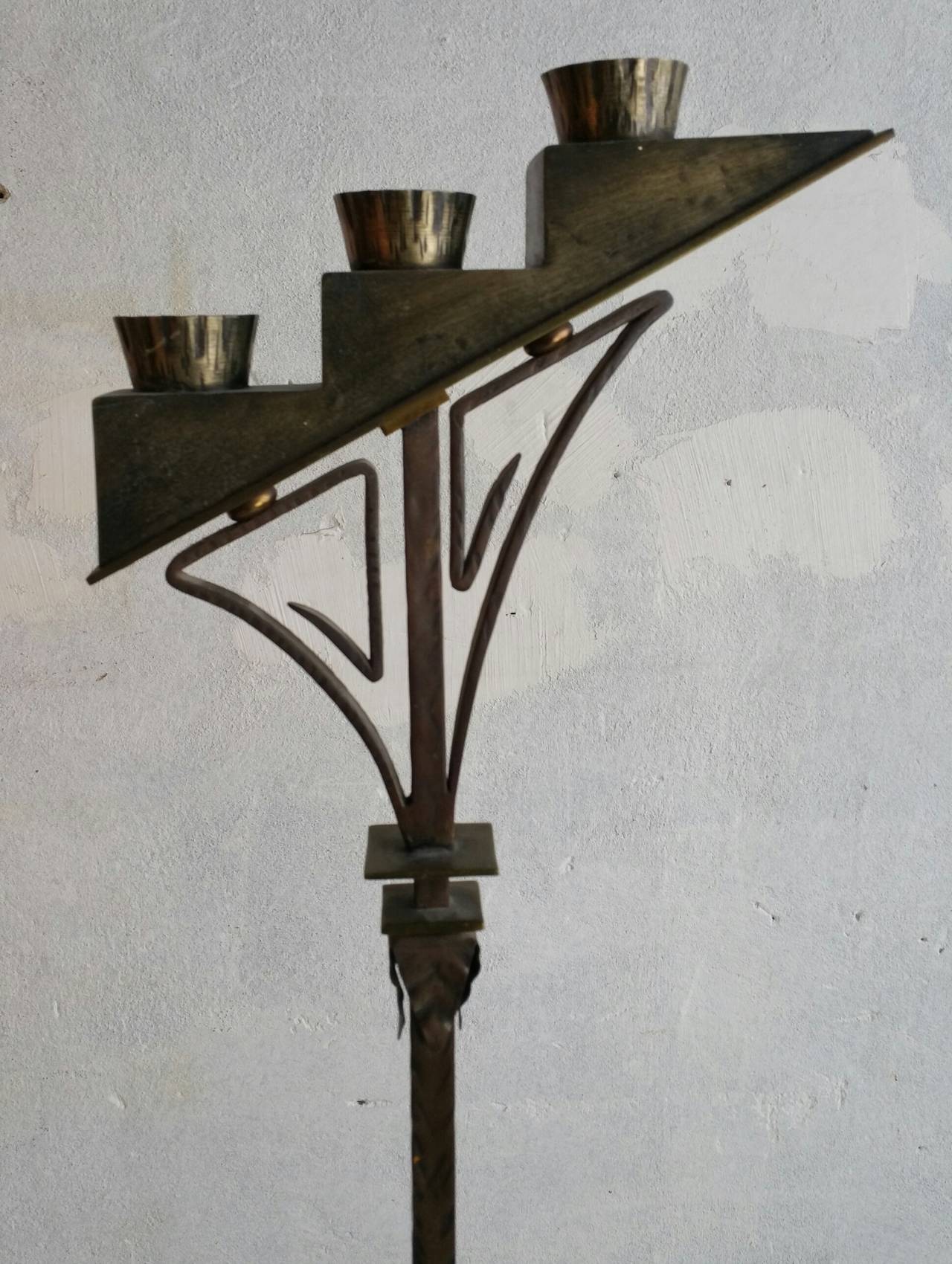 Stunning Art Deco floor lamp,,Torchere,, Three candle light top.. Super Stylized Ironwork,,