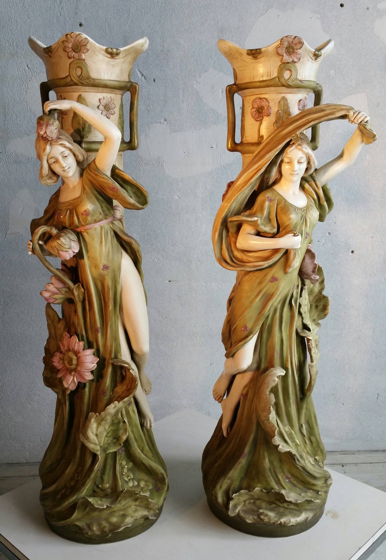 Hugh Monumental Art Nouveau Pair of Figural Jardiniers..by Amphora Teplitz..1900-1910,, Amazing design,,this circa early 20th century Austrian art pottery exhibits luxurious decorative female figures,,  40