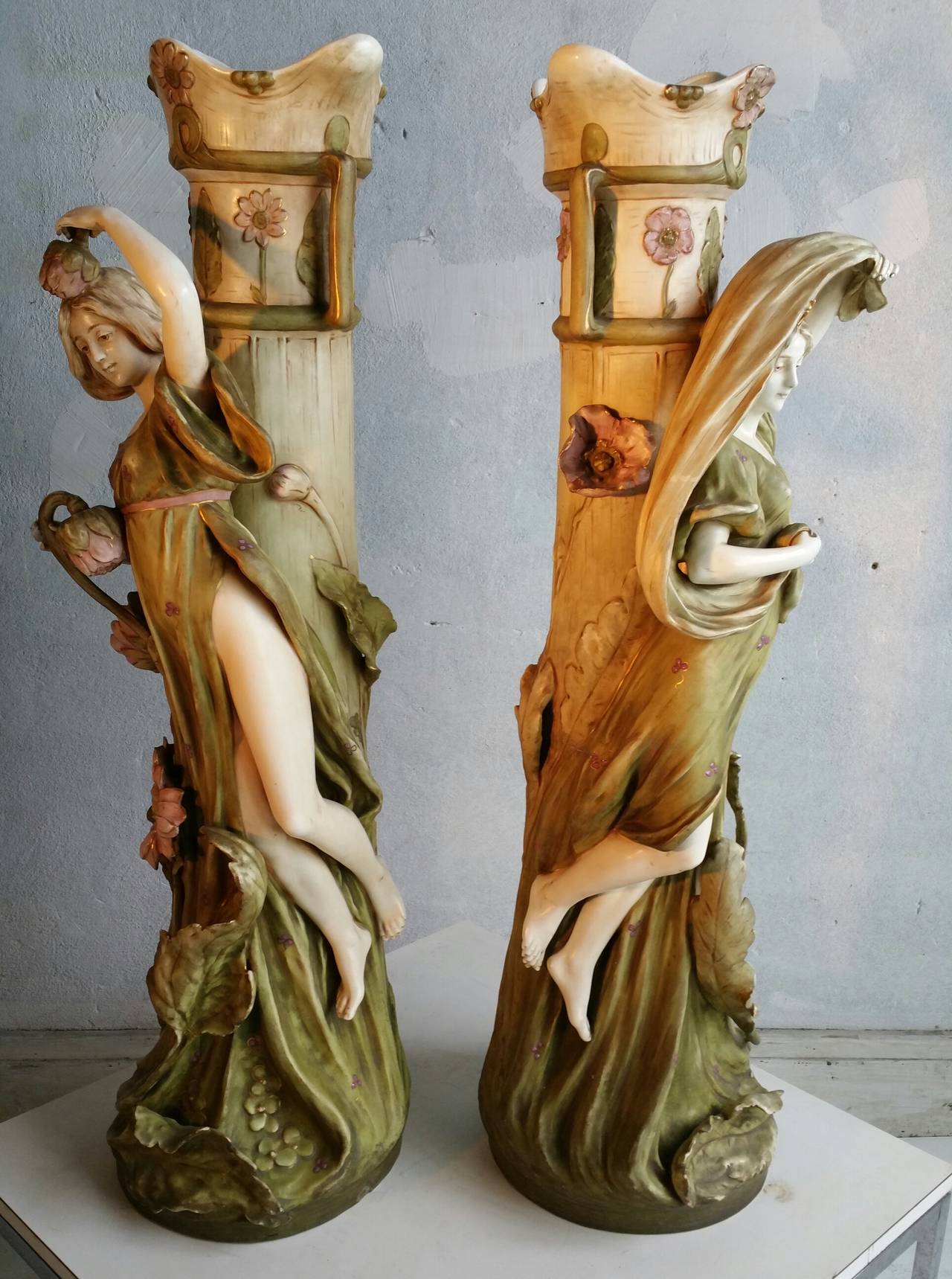 Art Nouveau Monumental Pair Figural Jardiniers by Amphora Austrian Turn Teplitz