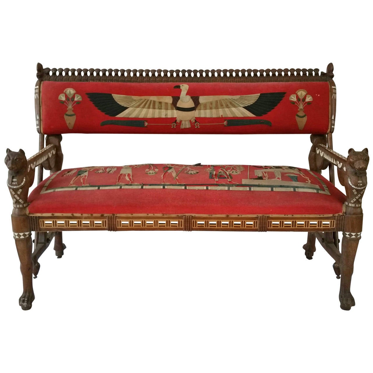 Rare loveseat néo-égyptien sculpté et incrusté en bois de rose