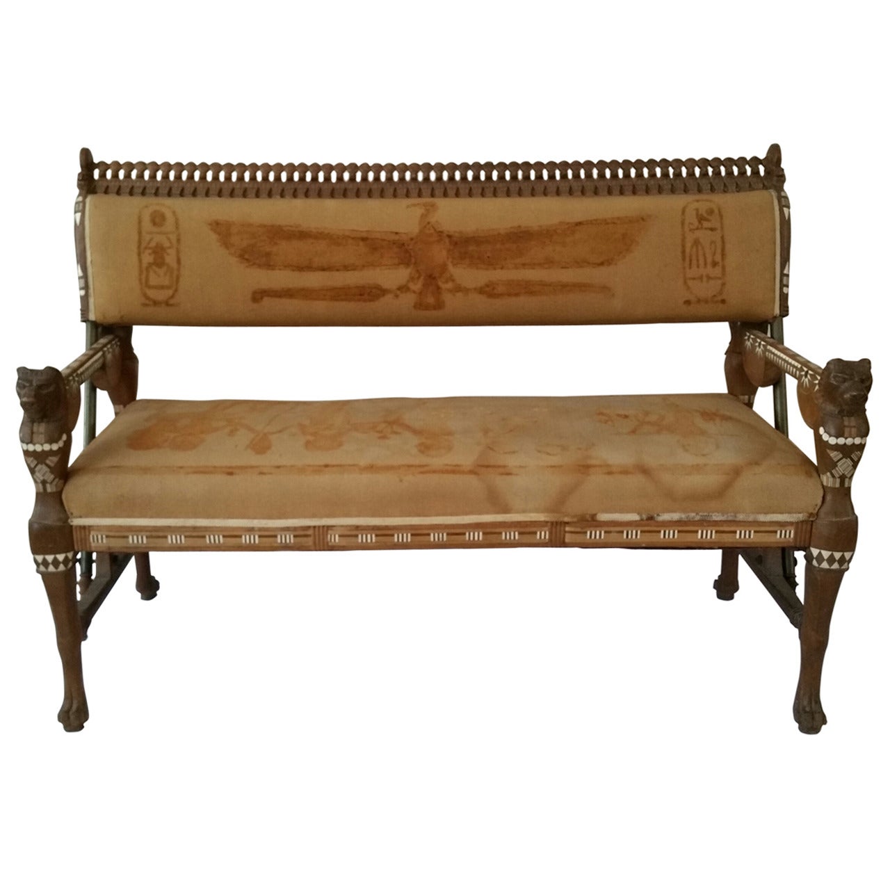 Rare Egyptian Revival Carved and Inlaid Rosewood Loveseat