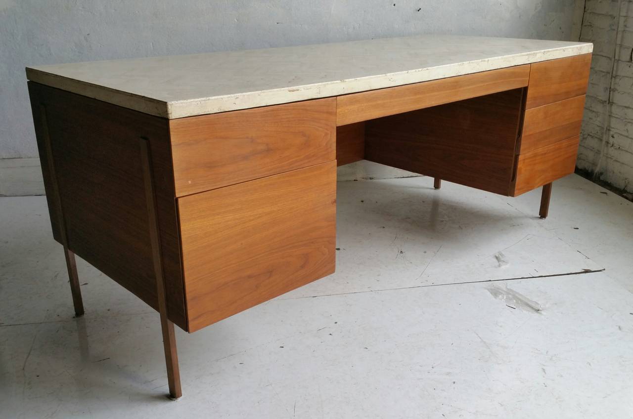 20th Century Rare Executive Desk in Herring Bone, Marble, and Walnut by Harvey Probber