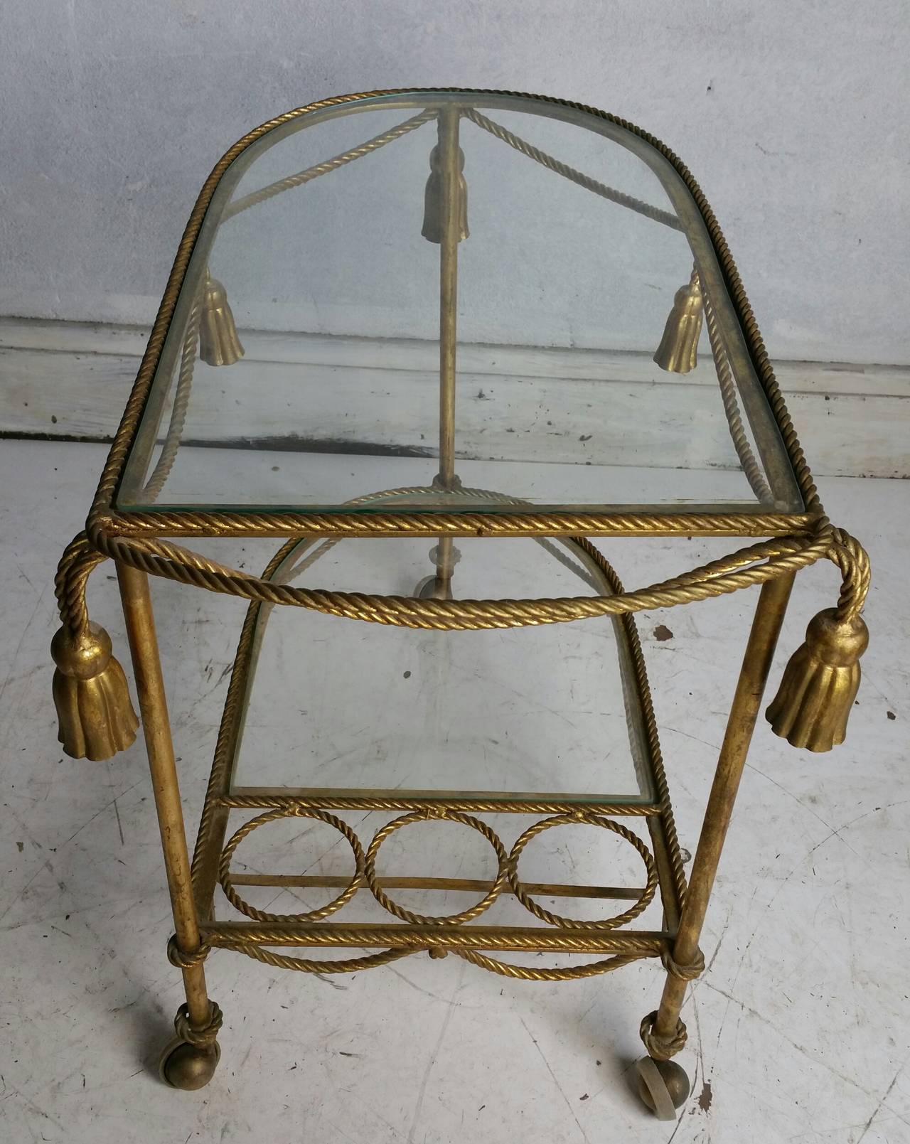 20th Century Midcentury Italian Gilt Metal Rope and Tassel Bar Tea Cart