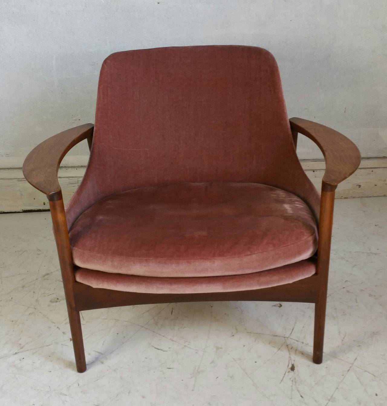 Reminiscent of the famed Elizabeth chair,Sometimes called the Horseshoe chair,,,,Beautiful sculptural design..Solid walnut construction, Classic danish quality and wood joinery,Retains original mohair fabric..,